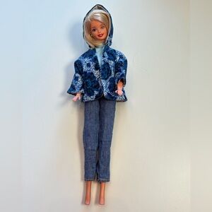 Vintage 1980sBarbie Blue flower Patterned Hooded Jacket with Denim Pants and top